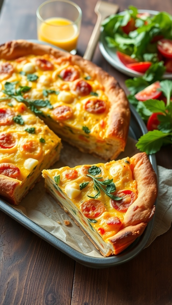 A slice of savory quiche in a 9x13 pan with a golden crust and colorful filling, served with a salad.
